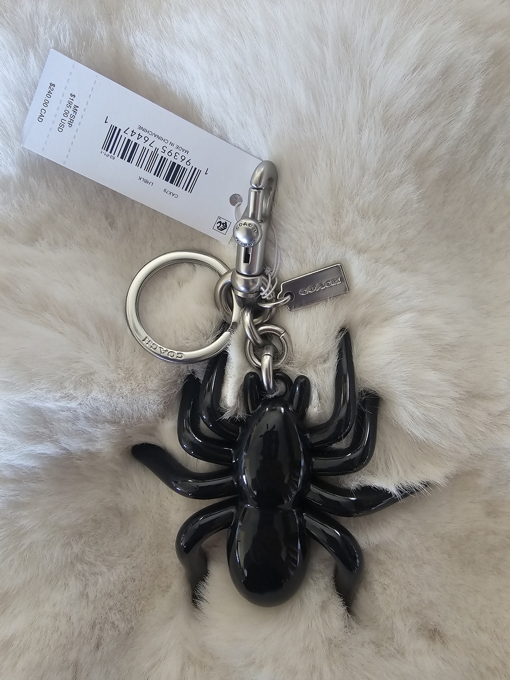 Coach Black Gloss Spider Bag Charm Keyring with Silver Hardware